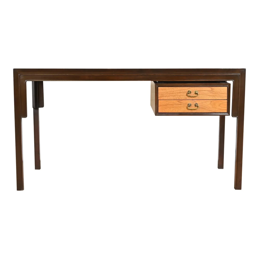 Michael Taylor for Baker Furniture Mid-Century Modern Chinoiserie Teak and Walnut Partner Desk: A gorgeous mid-century Hollywood Regency Chinoiserie double-sided partner desk By Michael Taylor for Baker Furniture USA, Circa 1960s Carved walnut, with beautiful teak top and drawer fronts, and Asia