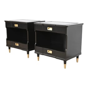 John Widdicomb Mid-Century Modern Hollywood Regency Black Lacquered Nightstands, Newly Refinished