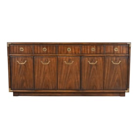 Drexel Heritage Hollywood Regency Campaign Walnut Sideboard Credenza, Circa 1970s