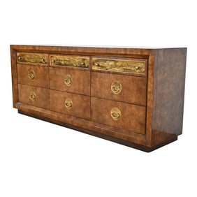 Bernhard Rohne for Mastercraft Burl Wood and Acid Etched Brass Dresser or Credenza, 1970s