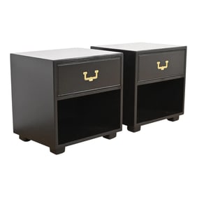 Henredon Hollywood Regency Black Lacquered Campaign Nightstands, Newly Refinished