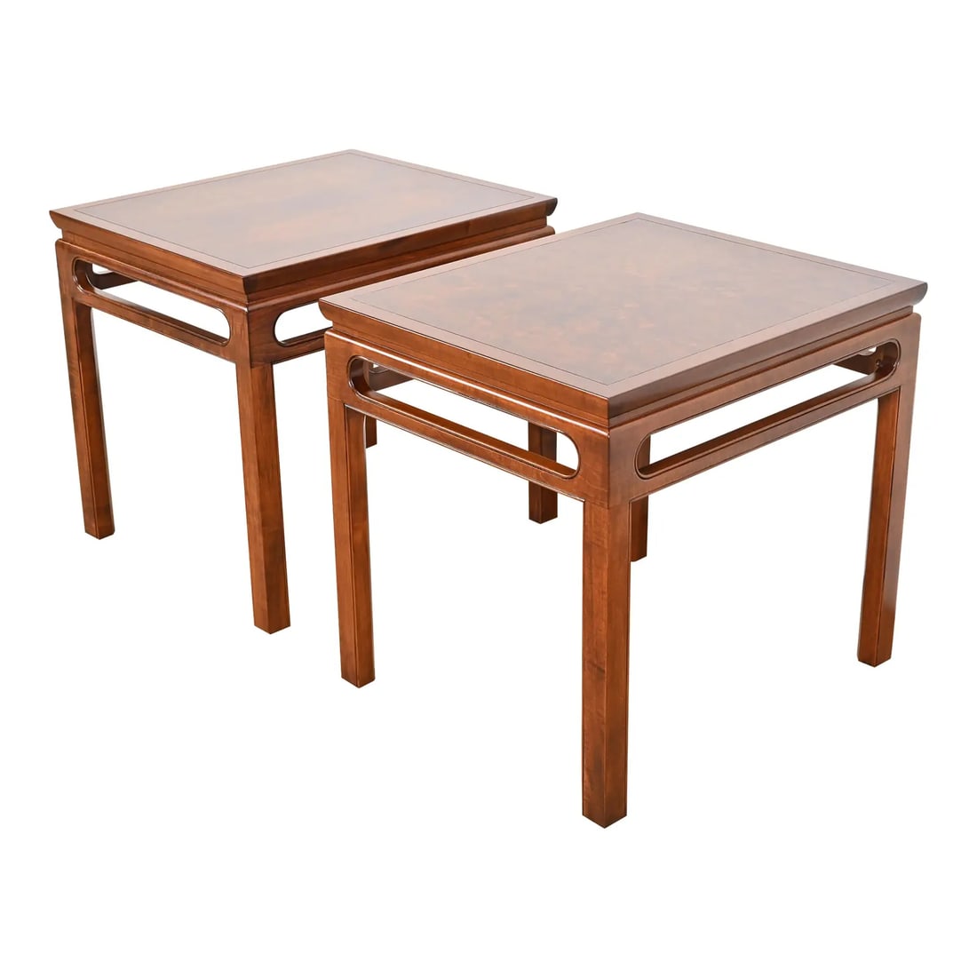 Michael Taylor for Baker Furniture Burled Walnut Side Tables, Newly Refinished: An exceptional pair of mid-century modern Hollywood Regency Chinoiserie side tables or nightstands By Michael Taylor for Baker Furniture, "Far East Collection" USA, 1960s Gorgeous book-matched burled