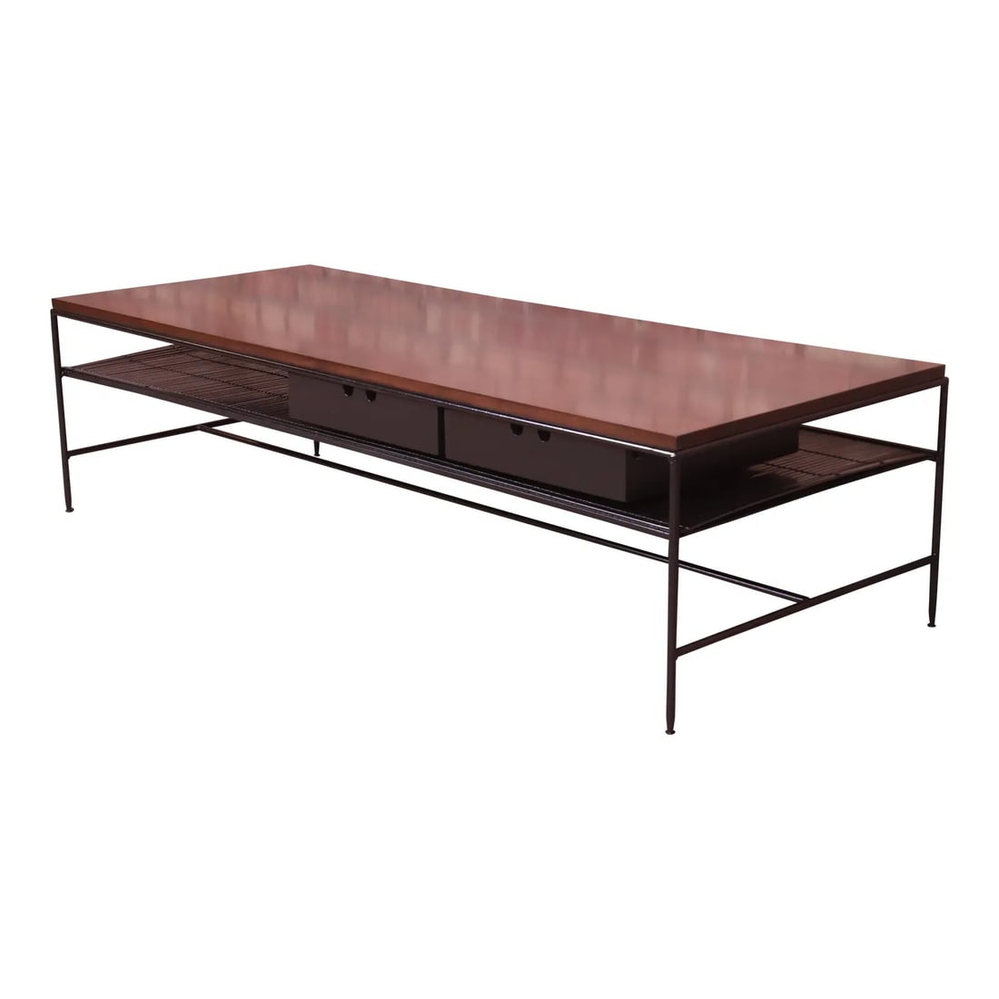 Paul McCobb Planner Group Iron and Maple Coffee Table, Newly Refinished: An exceptional mid-century modern coffee table or bench By Paul McCobb for Winchendon Furniture "Planner Group" USA, 1950s Iron frame and solid maple top, with black lacquered drawers and bamboo lower