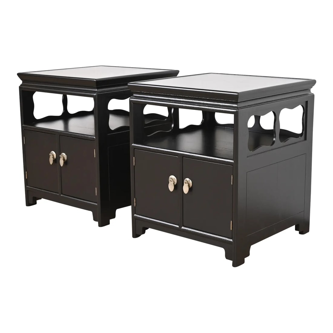 Michael Taylor for Baker Far East Collection Black Lacquered Nightstands, Newly Refinished: An exceptional pair of mid-century modern Hollywood Regency Chinoiserie nightstands or side tables By Michael Taylor for Baker Furniture, "Far East Collection" USA, 1950s Black lacquered walnut, with