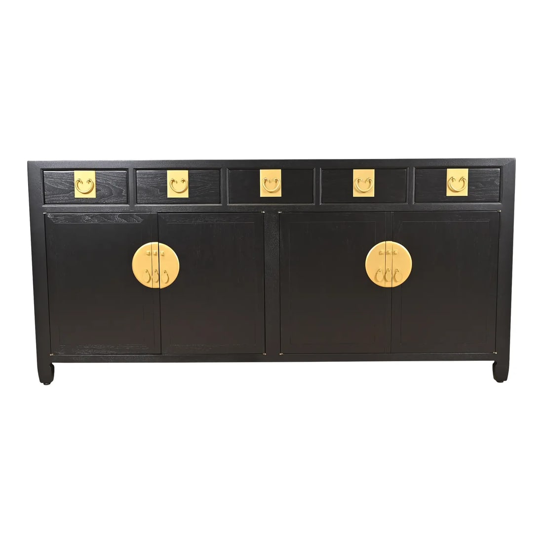 Michael Taylor for Baker Furniture Hollywood Regency Chinoiserie Black Lacquered Sideboard Credenza: A gorgeous mid-century modern Hollywood Regency Chinoiserie sideboard, credenza, or bar cabinet By Michael Taylor for Baker Furniture, "Far East" Collection USA, 1960s Black lacquered walnut, with ori