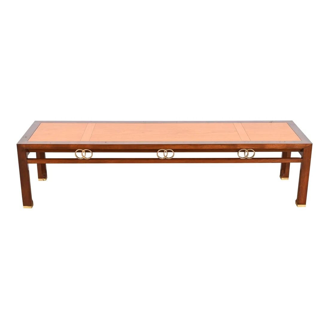 Michael Taylor for Baker Far East Collection Teak, Walnut, and Brass Coffee Table: An exceptional Mid-Century Modern Hollywood Regency Chinoiserie coffee or cocktail table By Michael Taylor for Baker Furniture, "Far East Collection" USA, 1950s Gorgeous book-matched teak top, with wa