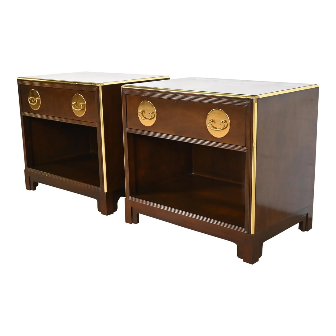 Michael Taylor for Baker Furniture Hollywood Regency Chinoiserie Dark Cherry and Brass Nightstands: A gorgeous pair of mid-century modern Hollywood Regency Chinoiserie nightstands By Michael Taylor for Baker Furniture USA, Circa 1970s Dark cherry wood, with original Asian-inspired brass hardware and