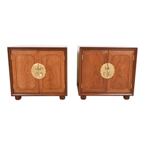 Mid-Century Hollywood Regency Chinoiserie Walnut Bedside Chests Attributed to Henredon