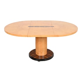 Milo Baughman Style Mid-Century Modern Burl Wood and Macassar Ebony Pedestal Dining Table