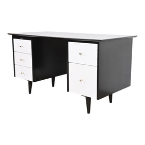 Paul McCobb Planner Group Black and White Lacquered Double Pedestal Desk, Newly Refinished