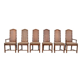 Henredon Mid-Century Hollywood Regency Walnut and Cane Bamboo Form High Back Dining Chairs, Set of