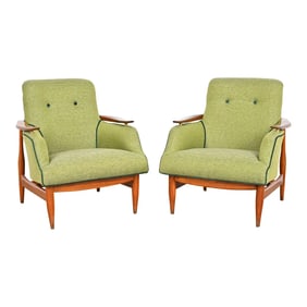 Finn Juhl Danish Modern Upholstered Teak Lounge Chairs, Pair