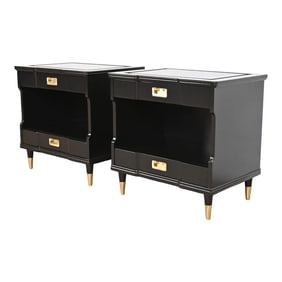 John Widdicomb Mid-Century Modern Hollywood Regency Black Lacquered Nightstands, Newly Refinished