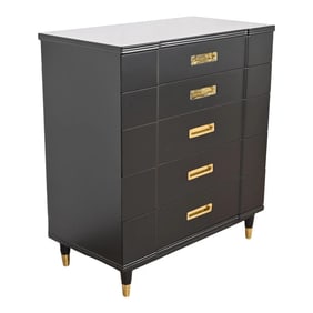 John Widdicomb Hollywood Regency Campaign Black Lacquered Highboy Dresser, Newly Refinished
