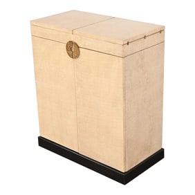 Karl Springer Style Hollywood Regency Faux Snakeskin Flip Top Dry Bar Cabinet, Circa 1970s