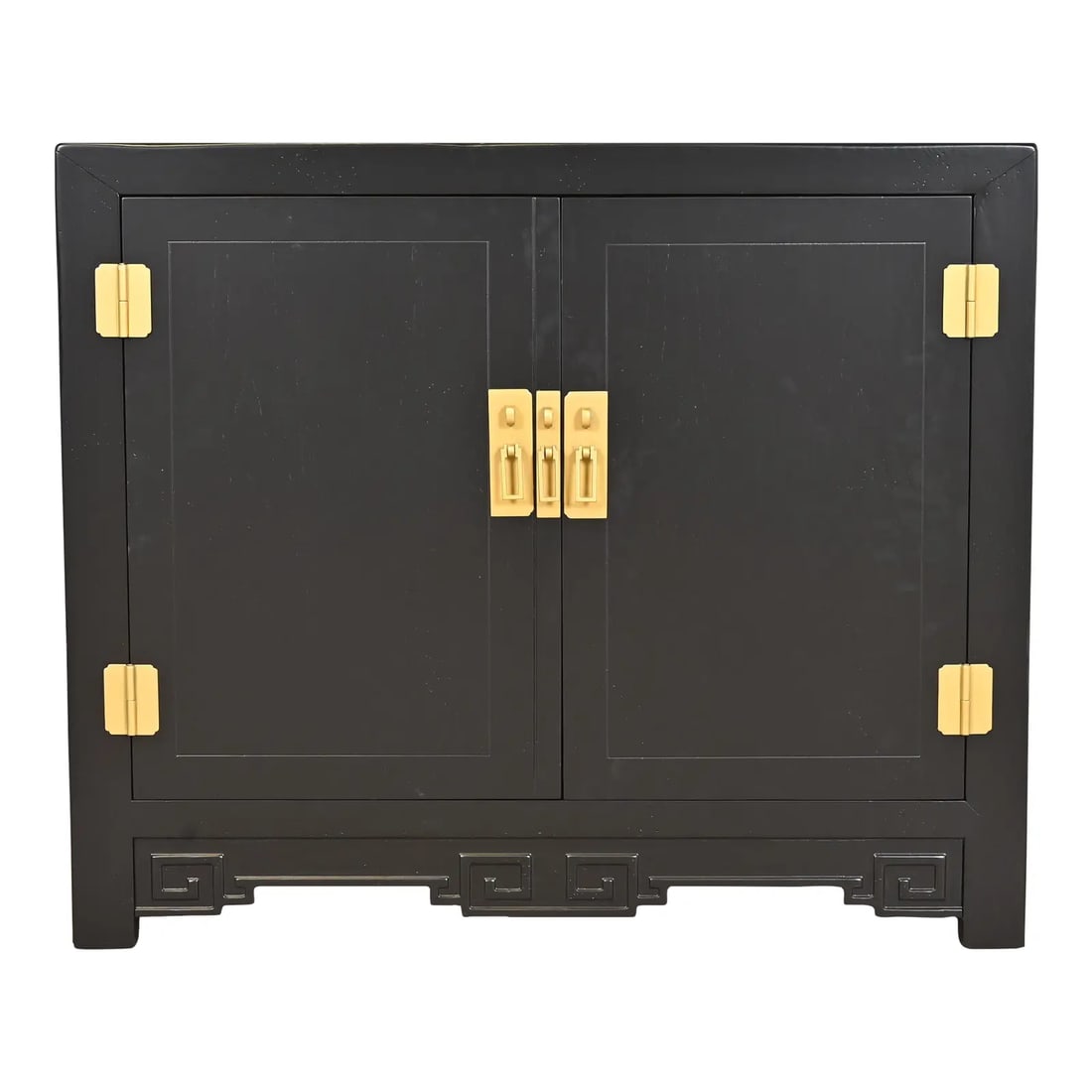 Michael Taylor for Baker Furniture Hollywood Regency Chinoiserie Black Lacquered Bar Cabinet: An exceptional mid-century modern Hollywood Regency Chinoiserie compact credenza, sideboard buffet, or bar cabinet By Michael Taylor for Baker Furniture, "Far East Collection" USA, 1950s Black lacquer