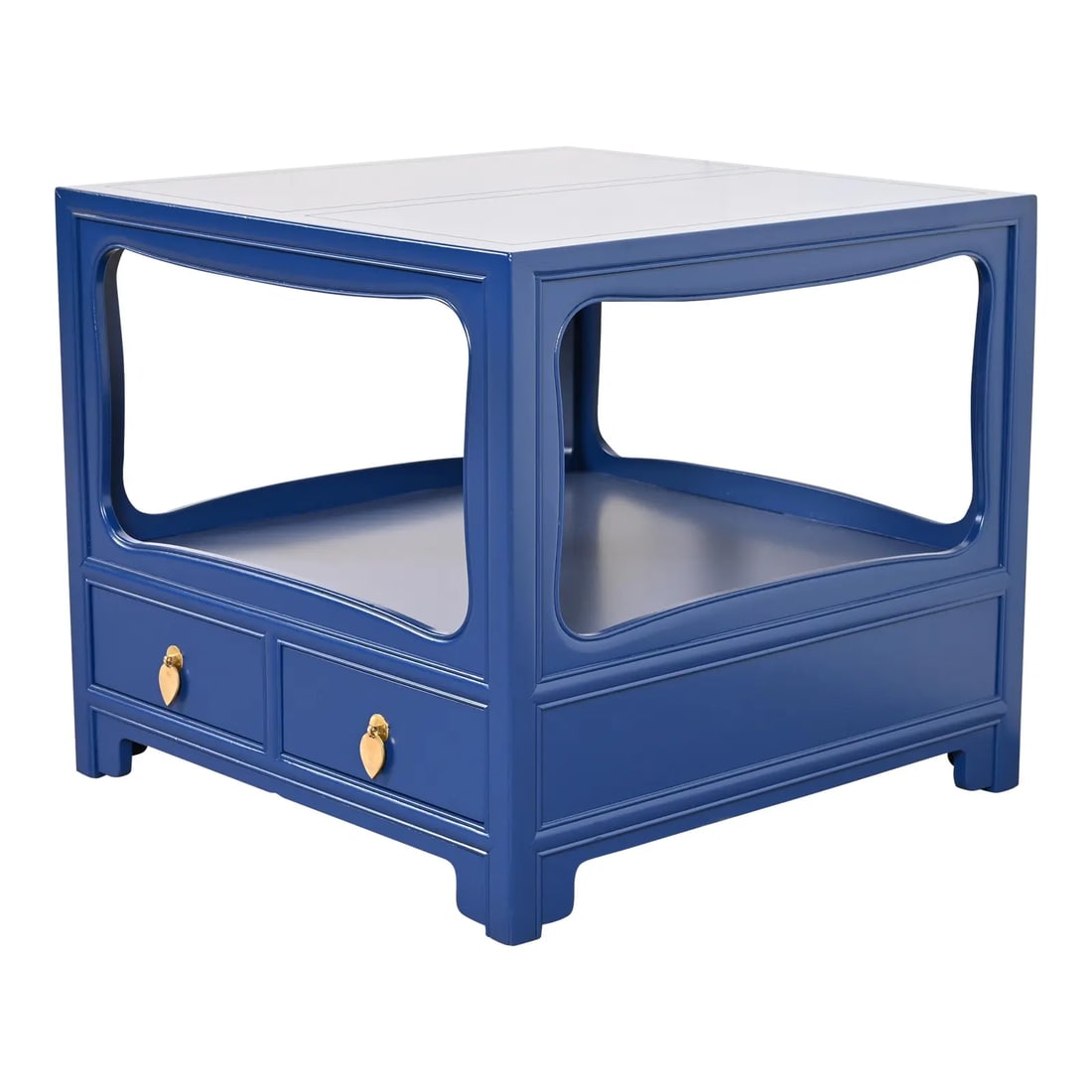 Michael Taylor for Baker Far East Collection Blue Lacquered Nightstand or Side Table: An exceptional mid-century modern Hollywood Regency Chinoiserie nightstand or side table By Michael Taylor for Baker Furniture, "Far East Collection" USA, 1950s Blue lacquered walnut, with original As