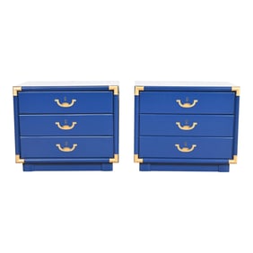 Drexel Mid-Century Hollywood Regency Campaign Blue Lacquered Nightstands, Newly Refinished