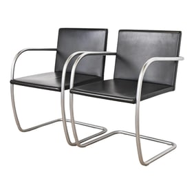 Mies Van Der Rohe for Knoll Black Leather and Chrome Brno Chairs, Pair