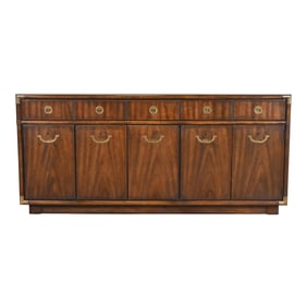 Drexel Heritage Hollywood Regency Campaign Walnut Sideboard Credenza, Circa 1970s