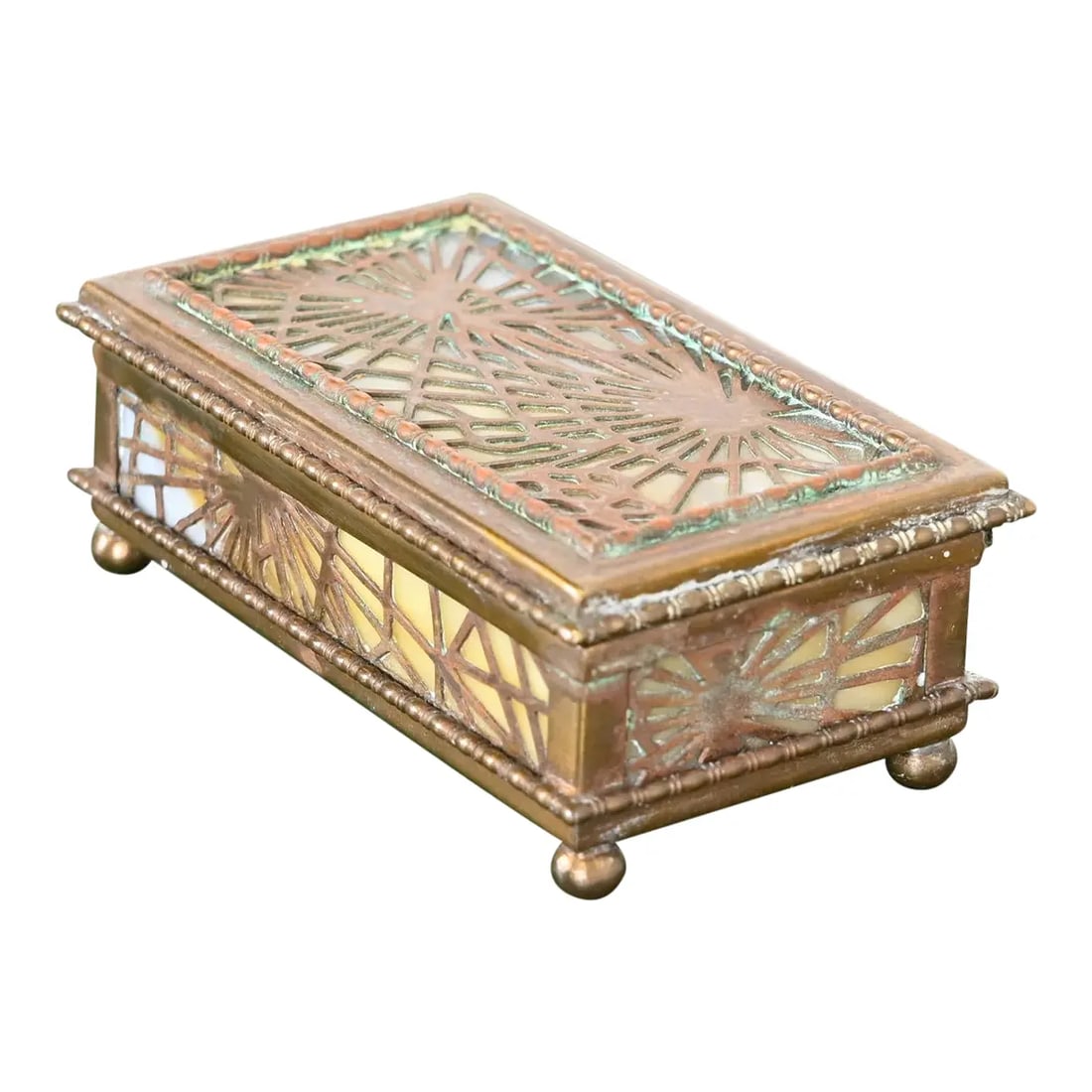 Tiffany Studios New York Pine Needle Pattern Bronze Dore and Slag Glass Stamp Box (1 of 11)