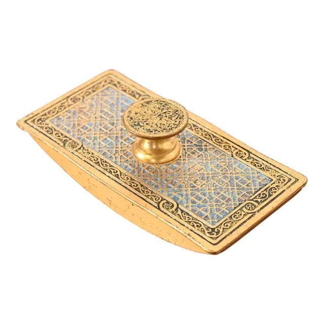 Tiffany Studios New York Bronze Dore Rocker Blotter: A gorgeous antique Arts & Crafts period gilt bronze and enamel rocker ink blotter By Tiffany Studios (signed on the side) New York, USA, Early 20th Century Measures: 5.75"W x 4"D x 1.75"H. Good origin