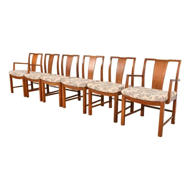 Michael Taylor for Baker Furniture Mid-Century Modern Sculpted Walnut Dining Chairs, Set of Six: A gorgeous set of six Mid-Century Modern dining chairs By Michael Taylor for Baker Furniture, "Far East Collection" USA, 1950s Sculpted solid walnut frames, with upholstered seats. Measures: Side chai
