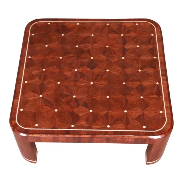 Ron Seff Starburst Marquetry Cocktail Table, Newly Restored: A rare and outstanding modern starburst marquetry coffee or cocktail table Inspired by Jean Michel Frank By Ron Seff USA, Circa 1980s Lacquered raffia in a dazzling starburst marquetry pattern, with r