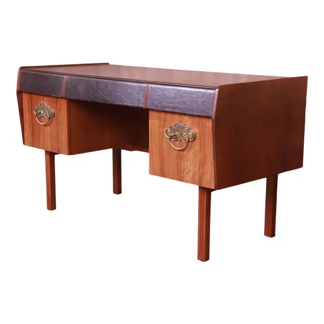 Bert England for John Widdicomb Mid-Century Modern Walnut Leather Top Desk, Newly Refinished: An exceptional mid-century modern writing desk or executive desk By Bert England for John Widdicomb "Orientation Group" USA, 1960s Walnut, with leather top and original Asian-inspired brass hardware.
