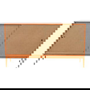 Paul McCobb Planner Group Solid Birch Sliding Door Credenza, Newly Refinished: A gorgeous Mid-Century Modern sideboard, credenza, or bar cabinet By Paul McCobb for Winchendon Furniture, "Planner Group" USA, 1950s Solid birch, with sliding grass cloth doors. Interior shelf is adj