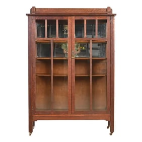 Limbert Style Antique Mission Oak Arts and Crafts Bookcase Cabinet, Circa 1900