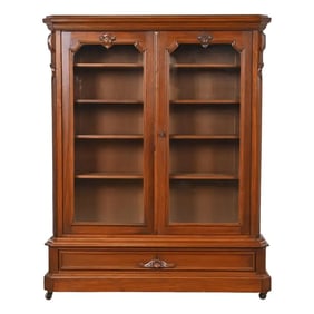 Herter Brothers Style Antique Victorian Carved Walnut Glass Front Bookcase, Circa 1880s