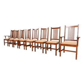 Stickley Mission Oak Arts & Crafts High Back Spindle Dining Chairs, Set of Eight