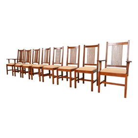 Stickley Mission Oak Arts & Crafts High Back Spindle Dining Chairs, Set of Eight (1 of 12)