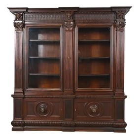 R. J. Horner Style Antique French Renaissance Revival Carved Mahogany Bookcase Cabinet, Circa 1900