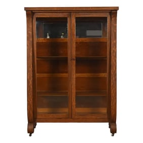 Antique American Empire Tiger Oak Bookcase Cabinet by Rockford Furniture, Circa 1900