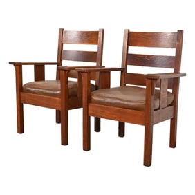 Stickley Brothers Antique Mission Oak Arts & Crafts Lounge Chairs, Pair