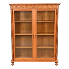 Antique Victorian Carved Oak Glass Front Double Bookcase, Circa 1900
