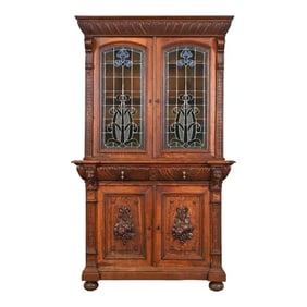 Antique French Renaissance Revival Carved Oak Breakfront Bookcase or Bar Cabinet With Stained Glass