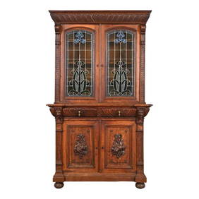 Antique French Renaissance Revival Carved Oak Breakfront Bookcase or Bar Cabinet With Stained Glass (1 of 12)