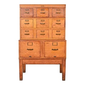 Antique Arts & Crafts Tiger Oak 11-Drawer Library Card Catalog File Cabinet, Circa 1900