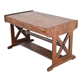 Limbert Style Antique Mission Tiger Oak Arts & Crafts Trestle Library Table or Writing Desk