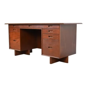 Frank Lloyd Wright Taliesin Mahogany Double Pedestal Executive Desk, Newly Restored