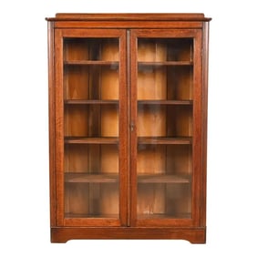Antique Stickley Brothers Style Arts & Crafts Oak Glass Front Bookcase Cabinet, Circa 1900