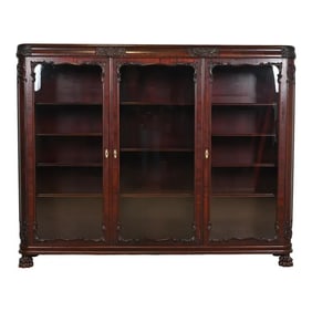 R. J. Horner Style Victorian Carved Mahogany Glass Front Triple Bookcase, Circa 1890s