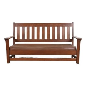 Limbert Mission Oak Arts & Crafts Open Arm Settee or Loveseat, Circa 1900