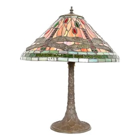 Tiffany Studios Style Arts & Crafts Bronze Table Lamp With Dragonfly Shade