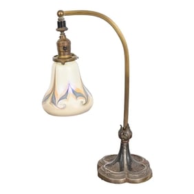 Tiffany Studios Style Antique Art Nouveau Desk Lamp With Quezal Art Glass Shade, Circa 1930s