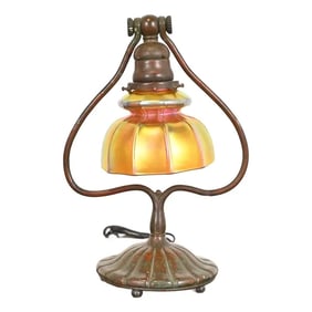 Tiffany Studios New York Bronze Harp Favrile Iridescent Art Glass Desk Lamp