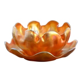 Louis Comfort Tiffany Favrile Iridescent Art Glass Ruffled Edge Finger Bowl With Underplate